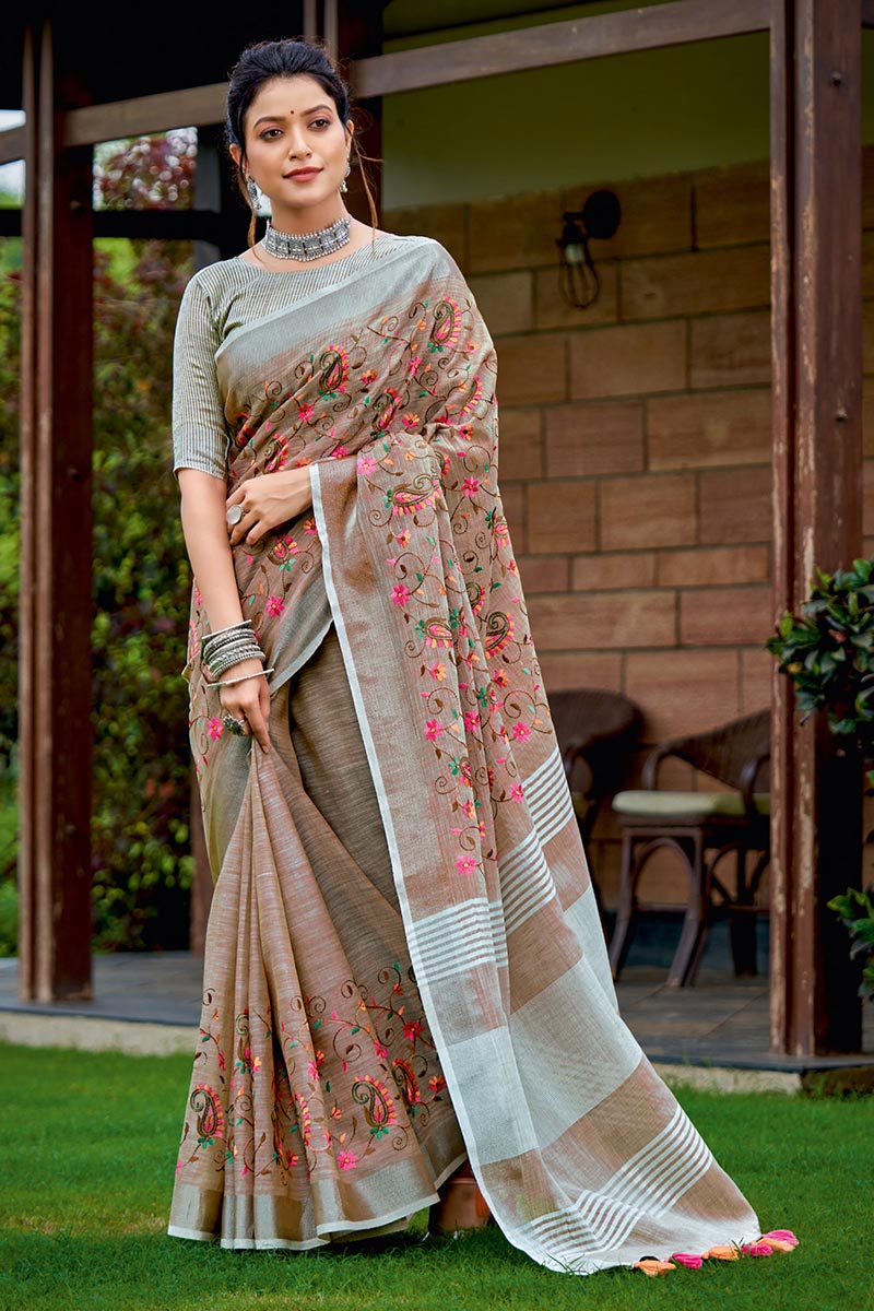 Elegant Beige Embroidered Linen Cotton Saree with Floral Motifs RTI