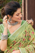 Yellow Green Embroidered Linen Cotton Saree with Floral Motifs RTI