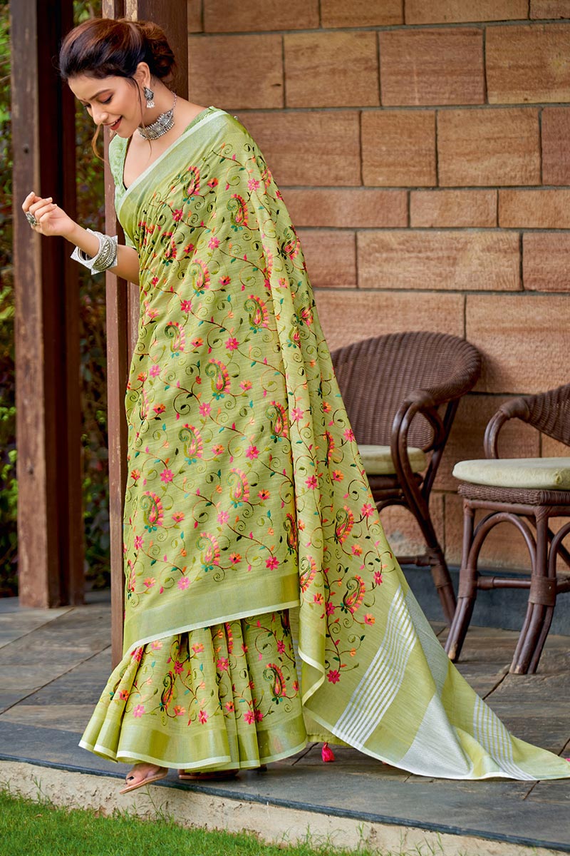 Yellow Green Embroidered Linen Cotton Saree with Floral Motifs RTI