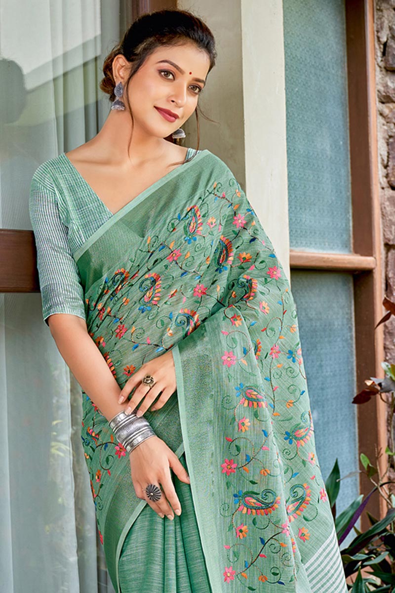 Sea Green Embroidered Linen Cotton Saree with Floral Motifs RTI