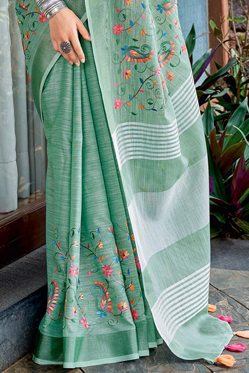 Sea Green Embroidered Linen Cotton Saree with Floral Motifs RTI