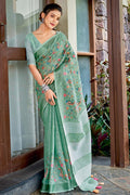 Sea Green Embroidered Linen Cotton Saree with Floral Motifs RTI