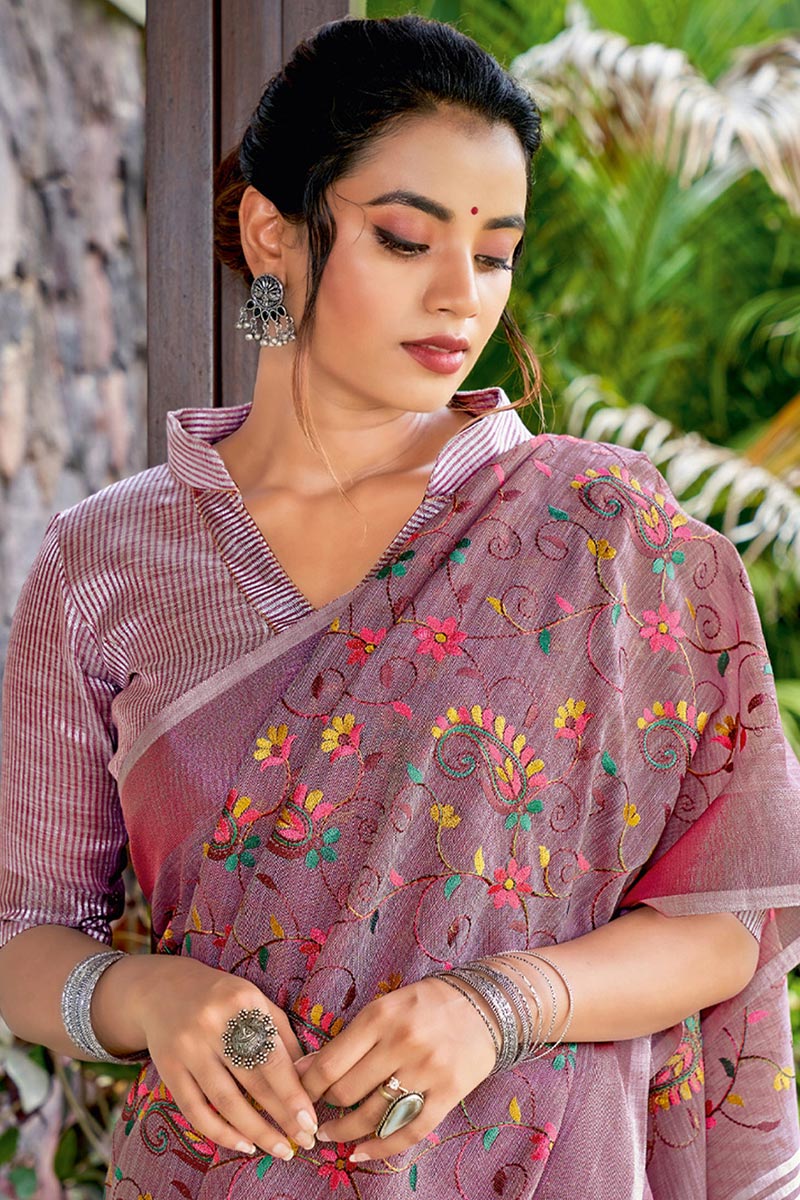 Purple Embroidered Linen Cotton Saree with Floral Motifs RTI