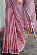Purple Embroidered Linen Cotton Saree with Floral Motifs RTI