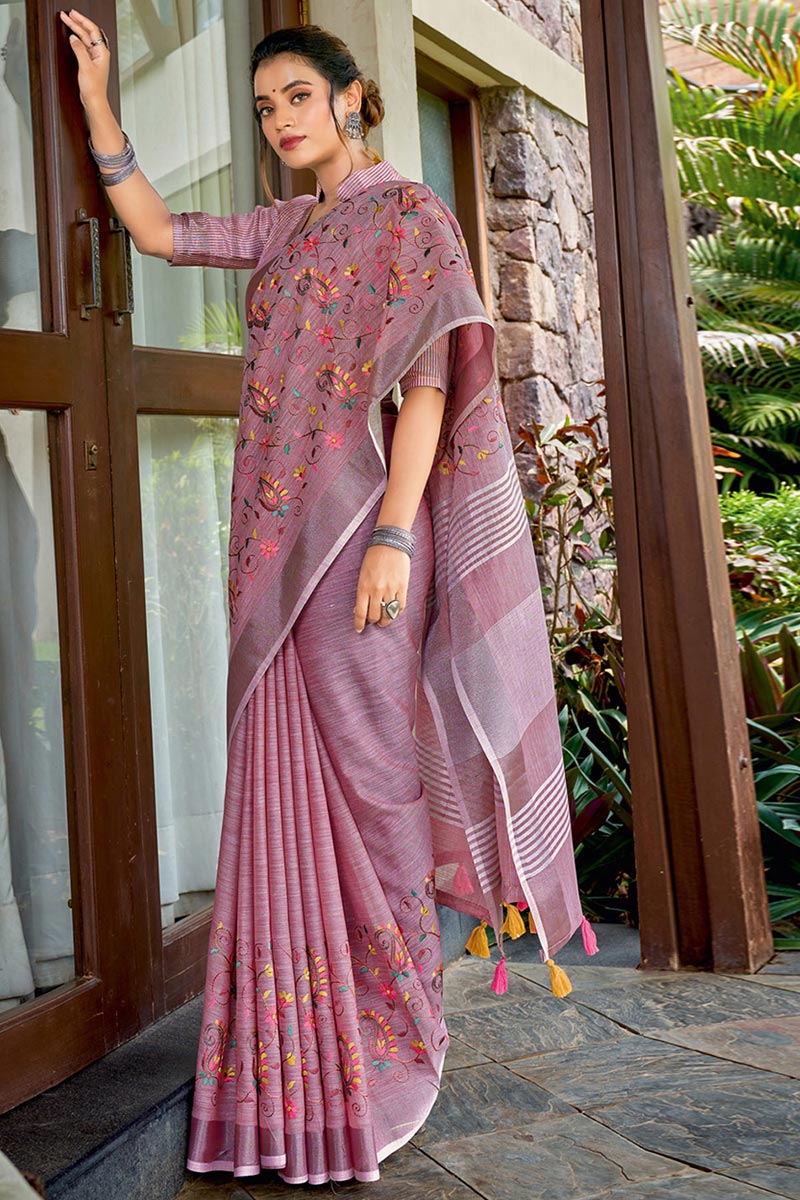 Purple Embroidered Linen Cotton Saree with Floral Motifs RTI