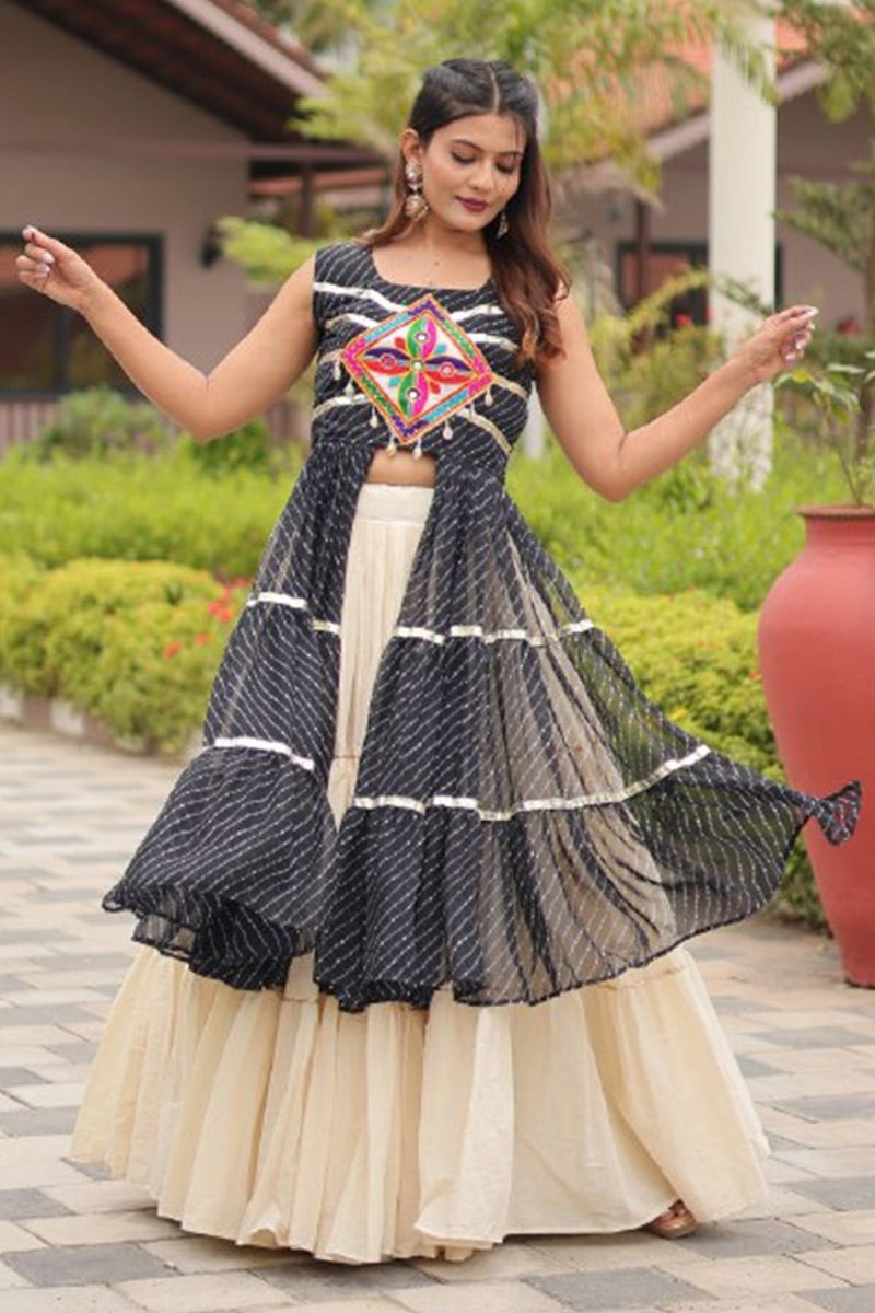 Navratri Special Mirrorwork Black & Ivory Tiered Lehenga Set RTI