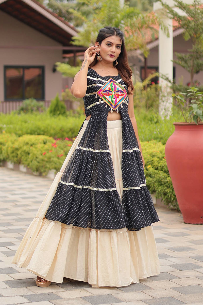 Navratri Special Mirrorwork Black & Ivory Tiered Lehenga Set RTI