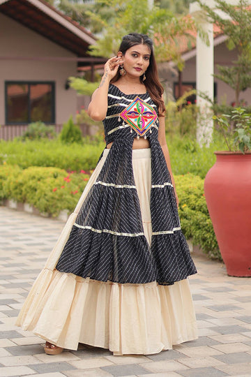 Navratri Special Mirrorwork Black & Ivory Tiered Lehenga Set RTI