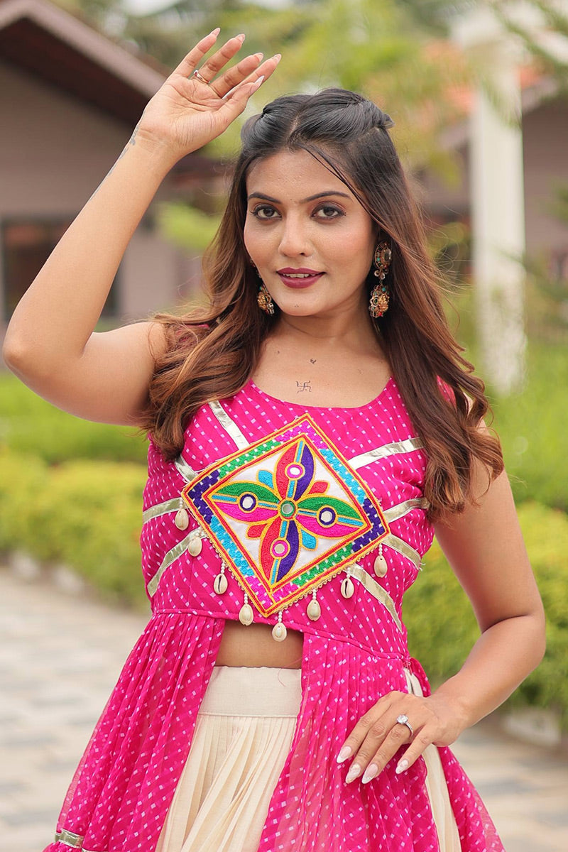 Navratri Special Mirrorwork Black & Pink Tiered Lehenga Set RTI