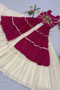 Navratri Special Mirrorwork Cream & Pink Tiered Lehenga Set RTI