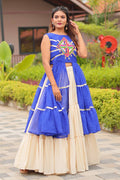 Navratri Special Mirrorwork Cream & Blue Tiered Lehenga Set RTI