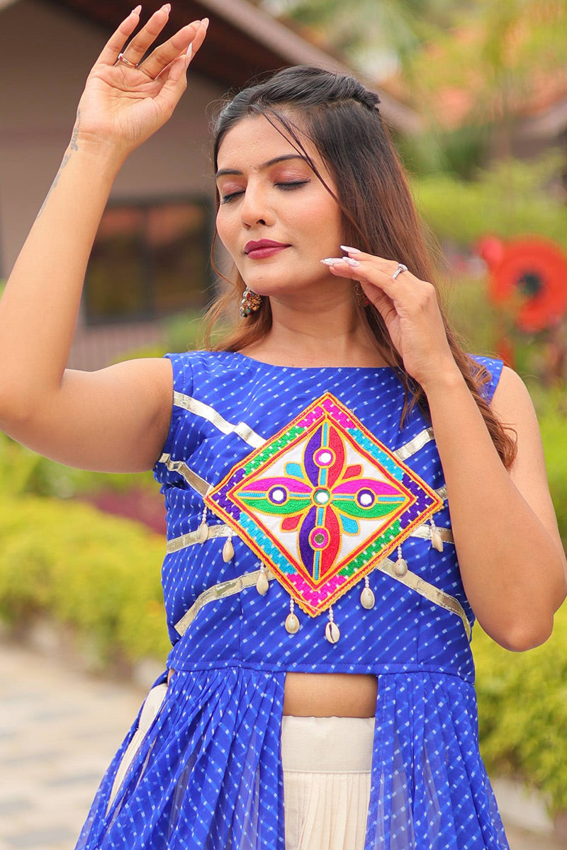 Navratri Special Mirrorwork Cream & Blue Tiered Lehenga Set RTI