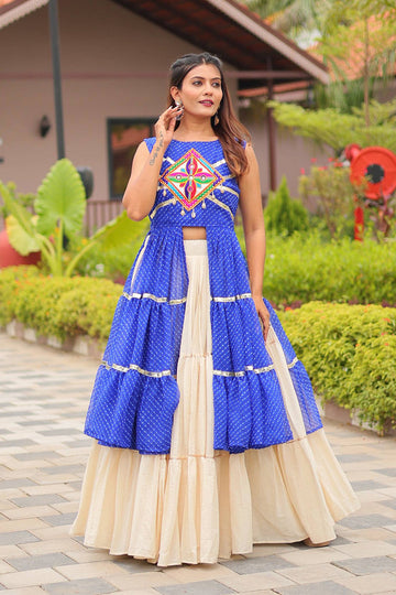 Navratri Special Mirrorwork Cream & Blue Tiered Lehenga Set RTI
