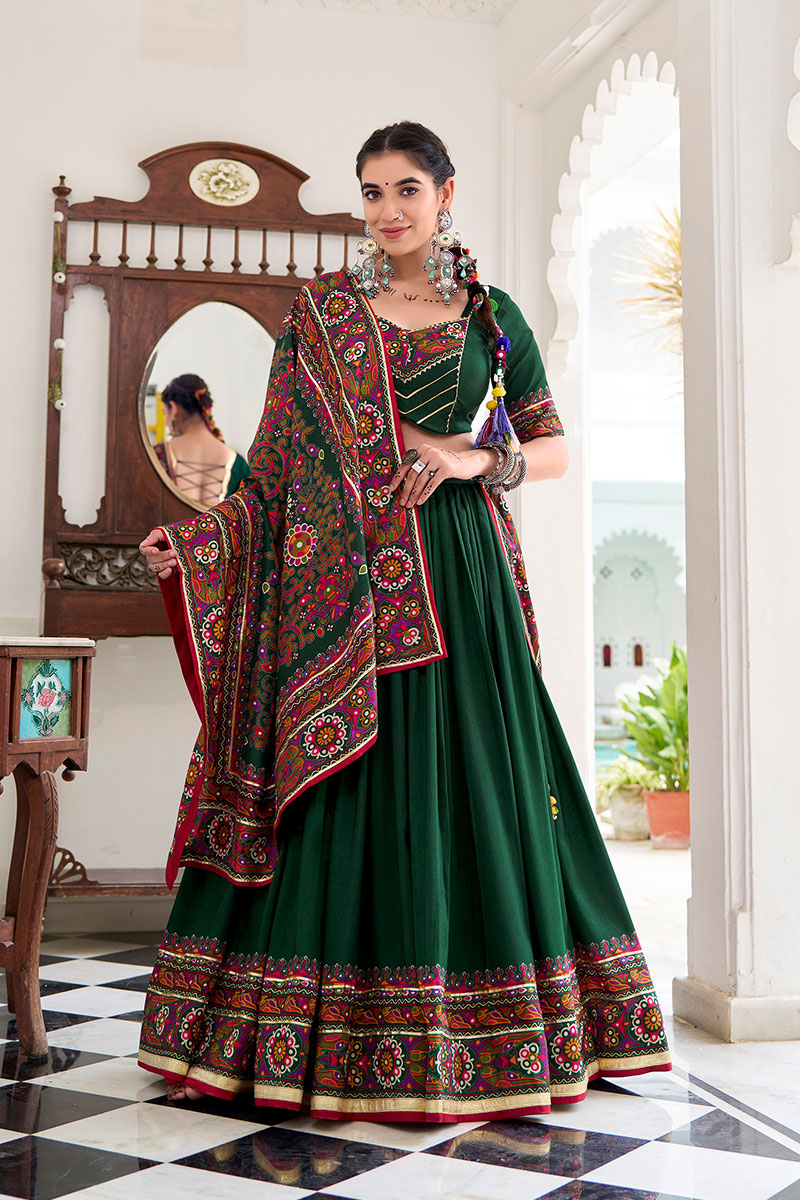 Deep Green Embroidered Lehenga Choli with Floral Dupatta RTI