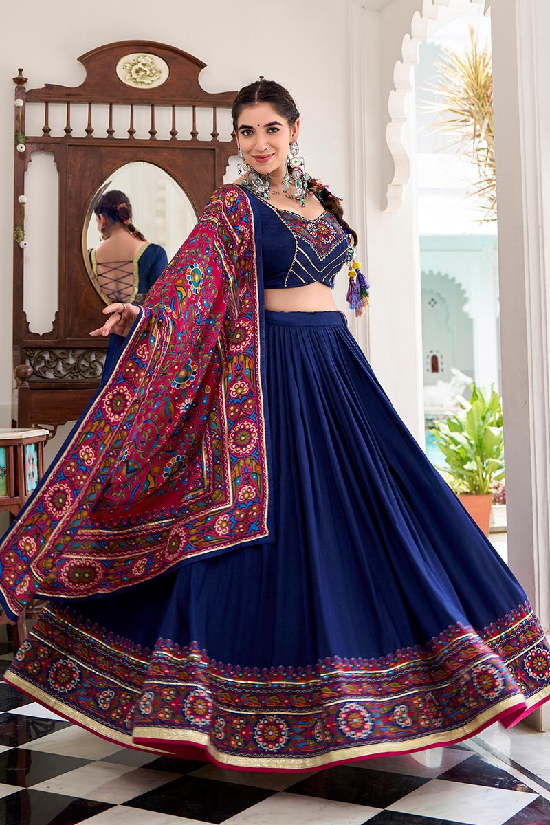 Navy Blue Embroidered Lehenga Choli with Floral Dupatta RTI