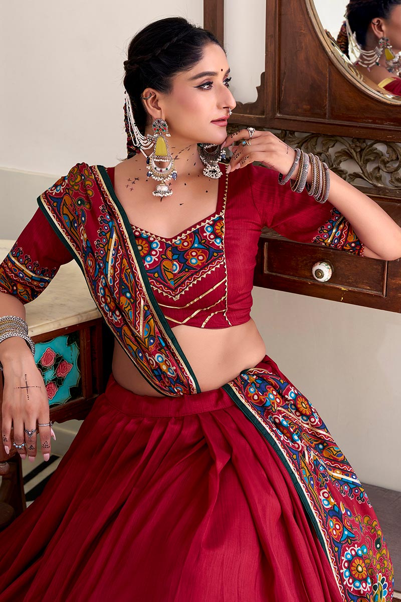 Red Embroidered Lehenga Choli with Floral Dupatta RTI