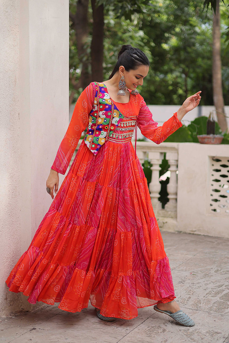 Vibrant Orange-Pink Printed Maxi Dress with Mirror-Embroidered Yoke – Navratri Ready RTI