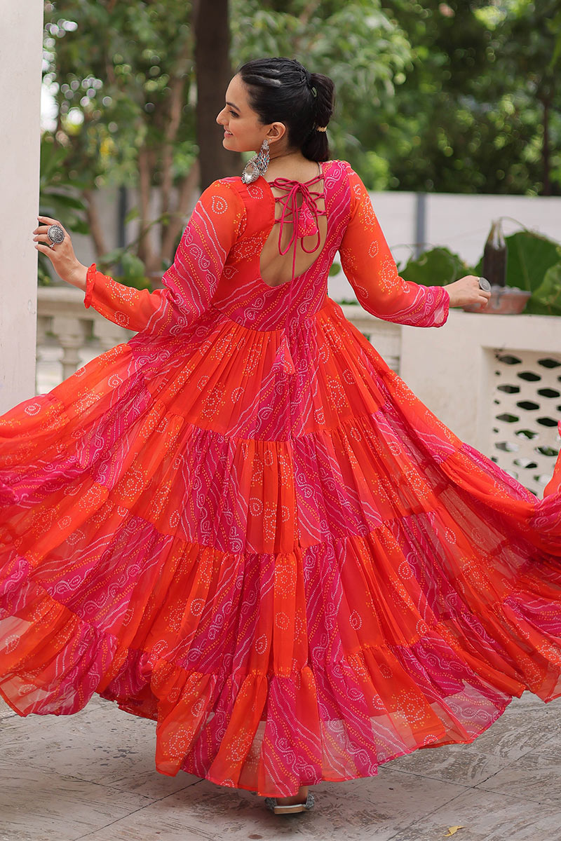 Vibrant Orange-Pink Printed Maxi Dress with Mirror-Embroidered Yoke – Navratri Ready RTI