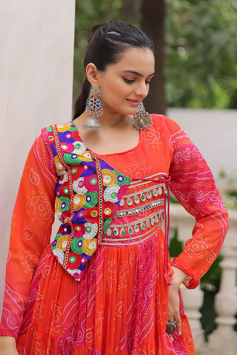 Vibrant Orange-Pink Printed Maxi Dress with Mirror-Embroidered Yoke – Navratri Ready RTI