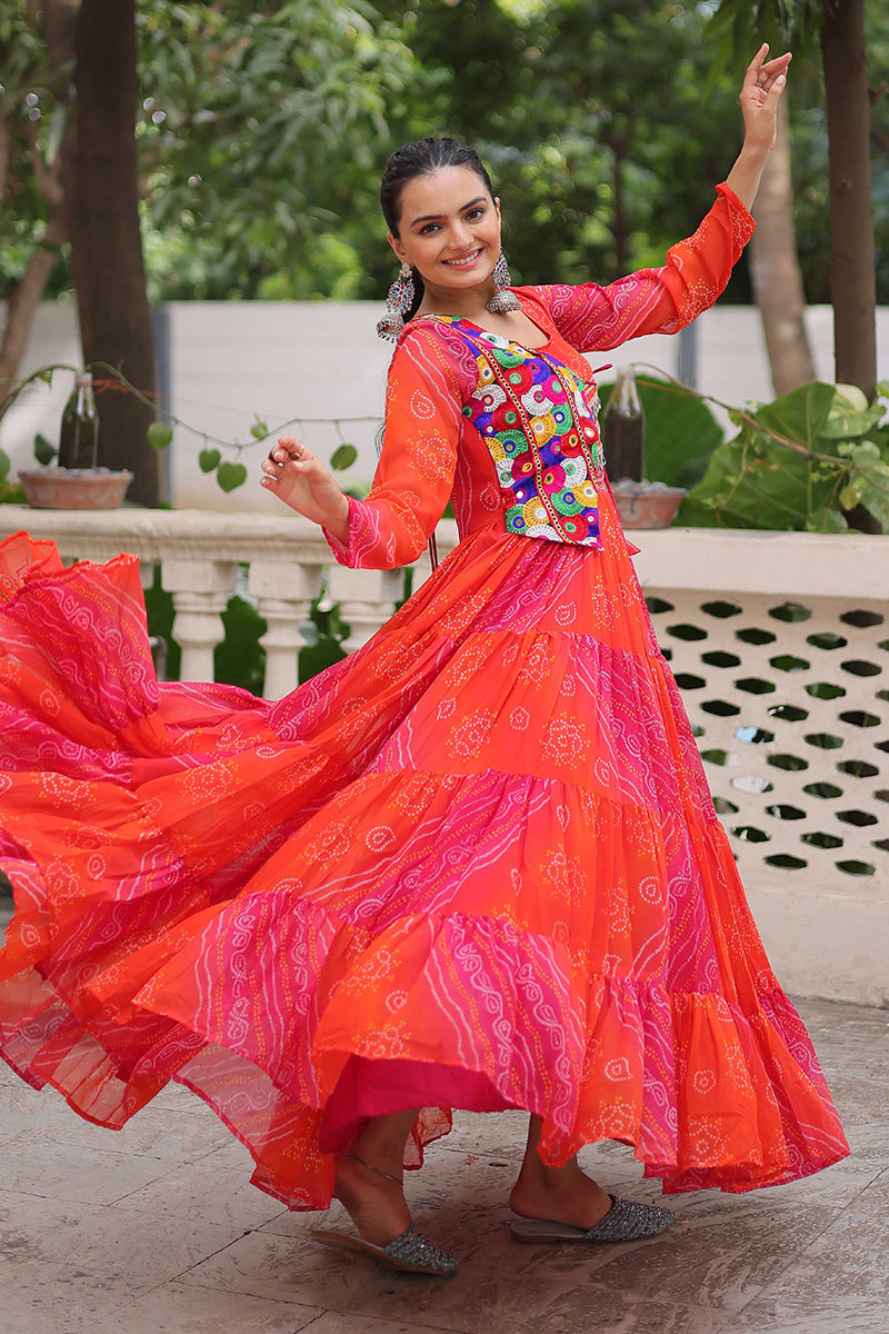 Vibrant Orange-Pink Printed Maxi Dress with Mirror-Embroidered Yoke – Navratri Ready RTI