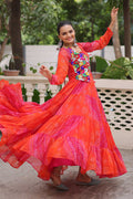 Vibrant Orange-Pink Printed Maxi Dress with Mirror-Embroidered Yoke – Navratri Ready RTI