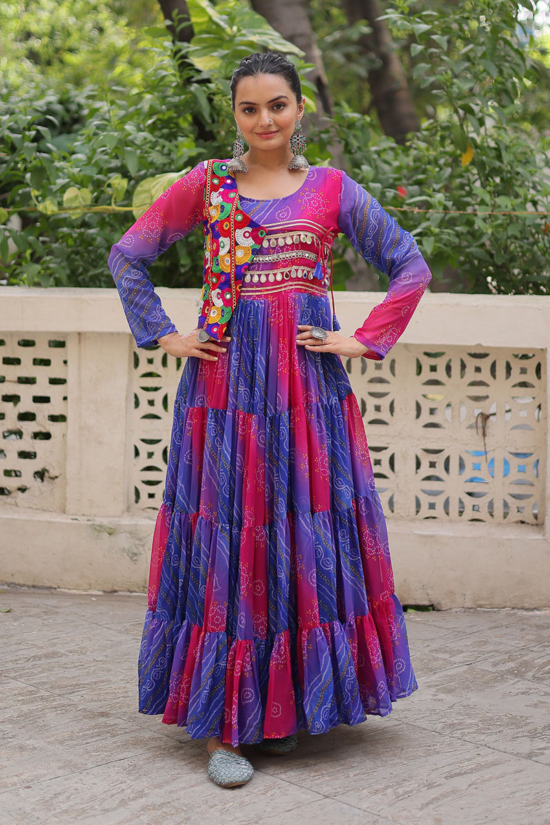Vibrant Blue-Pink Printed Maxi Dress with Mirror-Embroidered Yoke – Navratri Ready RTI