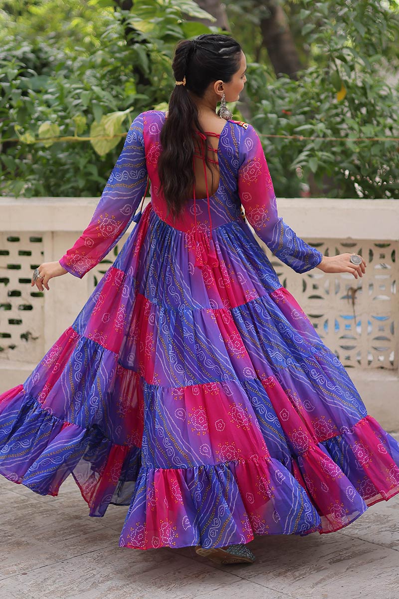 Vibrant Blue-Pink Printed Maxi Dress with Mirror-Embroidered Yoke – Navratri Ready RTI