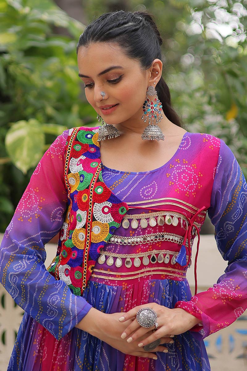 Vibrant Blue-Pink Printed Maxi Dress with Mirror-Embroidered Yoke – Navratri Ready RTI