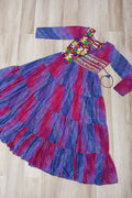 Vibrant Blue-Pink Printed Maxi Dress with Mirror-Embroidered Yoke – Navratri Ready RTI