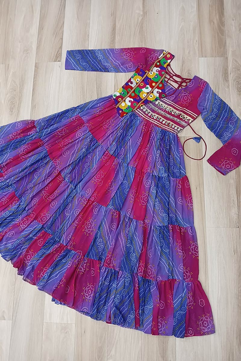 Vibrant Blue-Pink Printed Maxi Dress with Mirror-Embroidered Yoke – Navratri Ready RTI