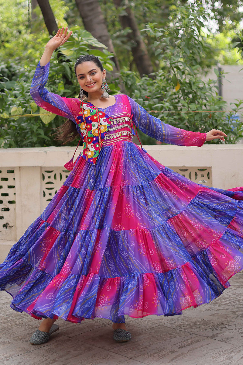 Vibrant Blue-Pink Printed Maxi Dress with Mirror-Embroidered Yoke – Navratri Ready RTI