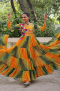 Vibrant Yellow-Green Printed Maxi Dress with Mirror-Embroidered Yoke – Navratri Ready RTI