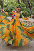 Vibrant Yellow-Green Printed Maxi Dress with Mirror-Embroidered Yoke – Navratri Ready RTI