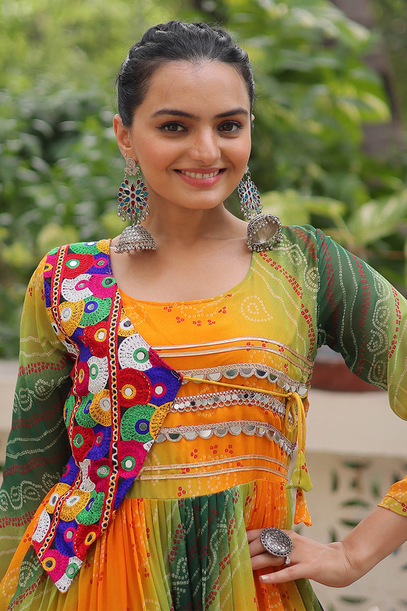 Vibrant Yellow-Green Printed Maxi Dress with Mirror-Embroidered Yoke – Navratri Ready RTI