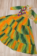 Vibrant Yellow-Green Printed Maxi Dress with Mirror-Embroidered Yoke – Navratri Ready RTI