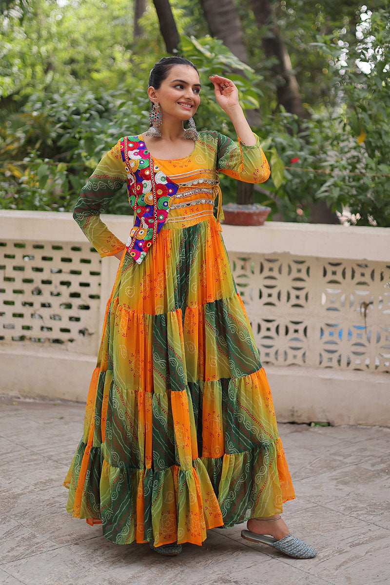 Vibrant Yellow-Green Printed Maxi Dress with Mirror-Embroidered Yoke – Navratri Ready RTI