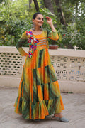 Vibrant Yellow-Green Printed Maxi Dress with Mirror-Embroidered Yoke – Navratri Ready RTI