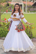 Elegant White Chaniya Choli with Elephant Motif & Mirror Work – Navratri Festival Wear RTI