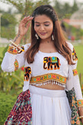Elegant White Chaniya Choli with Elephant Motif & Mirror Work – Navratri Festival Wear RTI