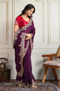 Elegant Wine Embroidered Silk Saree with Contrasting Emerald Red Blouse LF