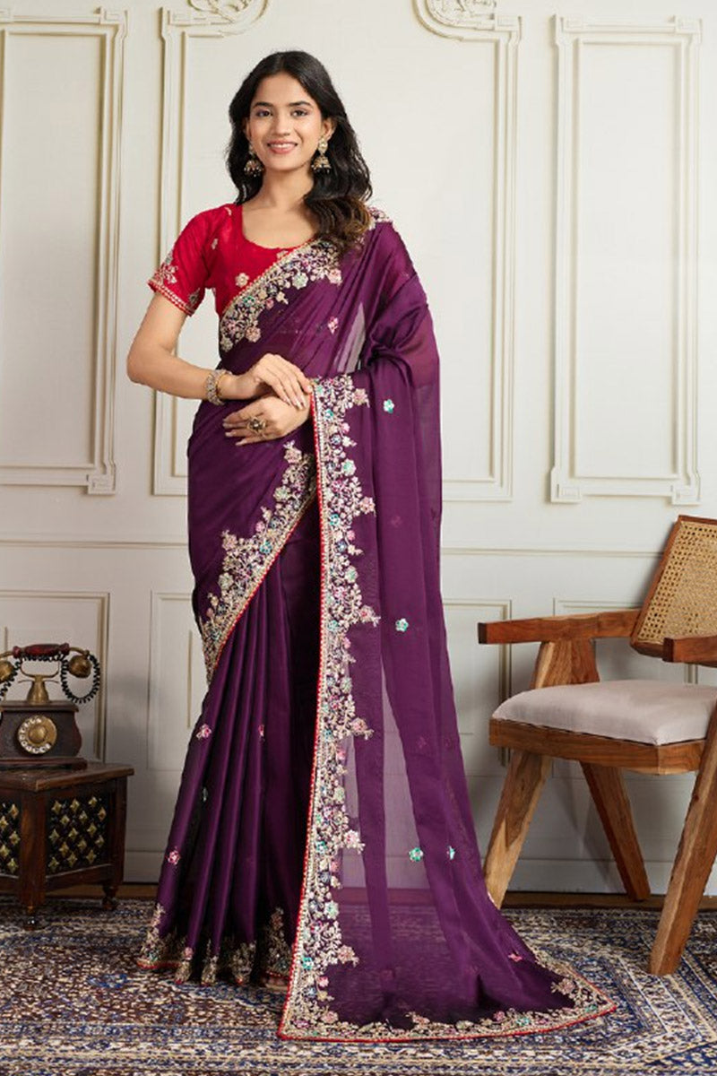 Elegant Wine Embroidered Silk Saree with Contrasting Emerald Red Blouse LF