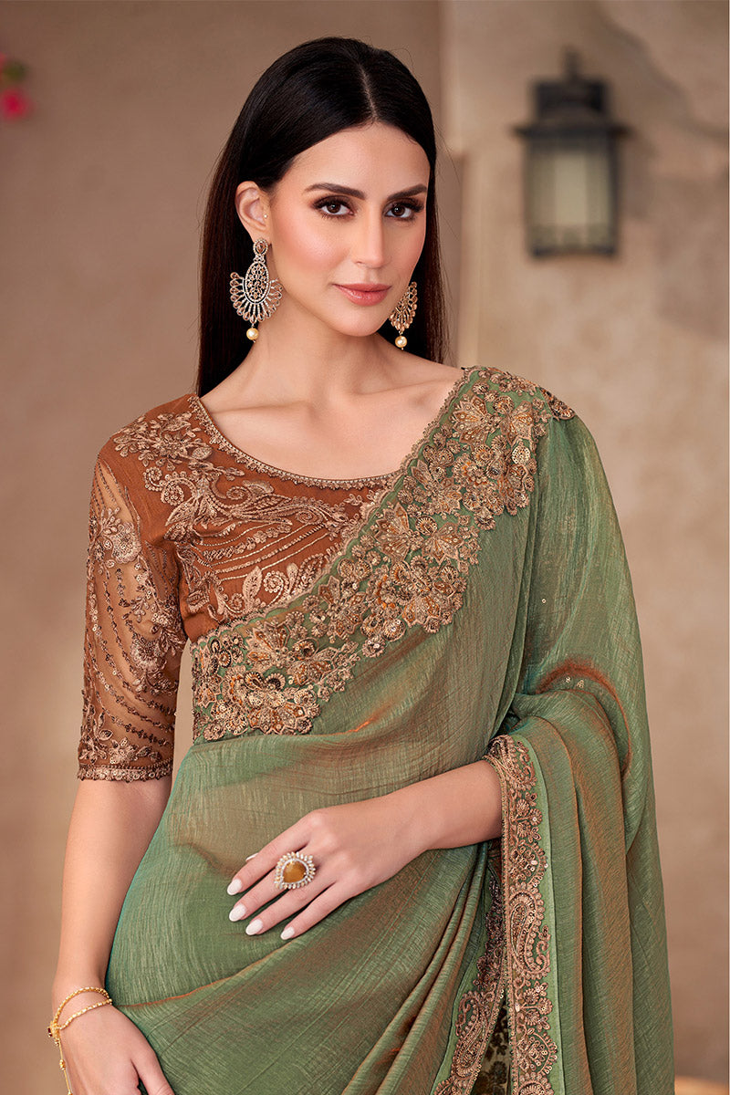 Sea Green Georgette Burgundy Embroidered Party wear Saree RTI