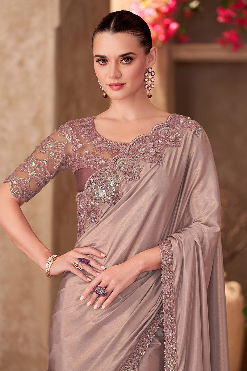 Beige Shimmer Silk Crepe Embroidered Party wear Saree RTI