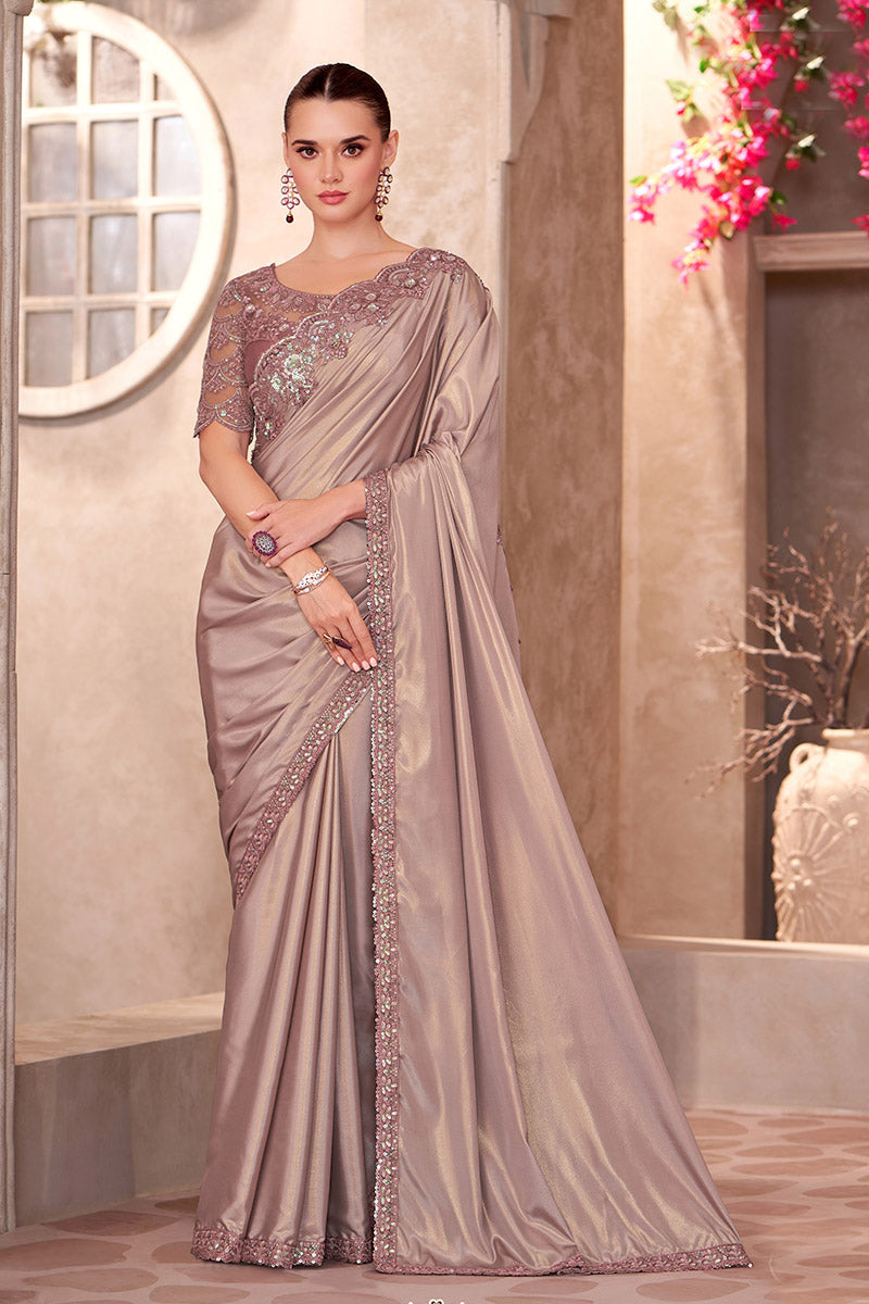 Beige Shimmer Silk Crepe Embroidered Party wear Saree RTI