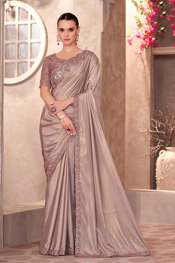 Beige Shimmer Silk Crepe Embroidered Party wear Saree RTI