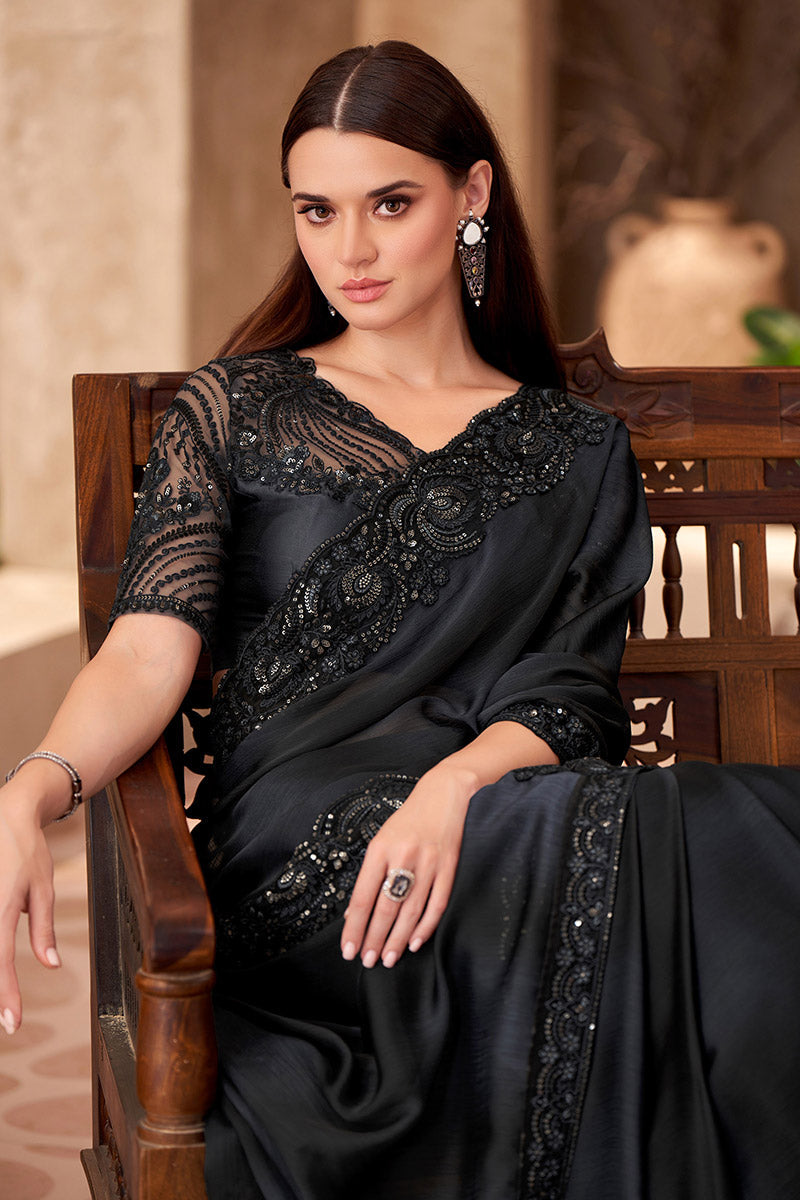 Black Chiffon Sequins Embroidered Party wear Saree RTI