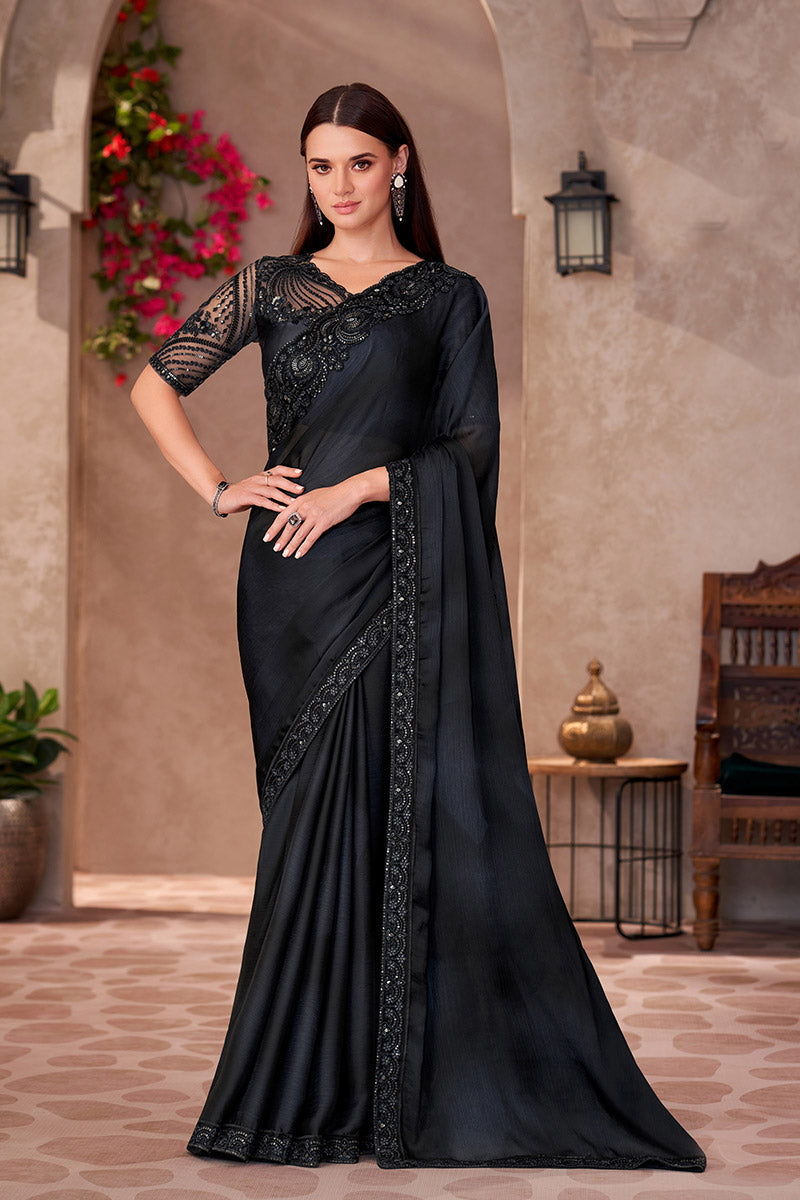 Black Chiffon Sequins Embroidered Party wear Saree RTI