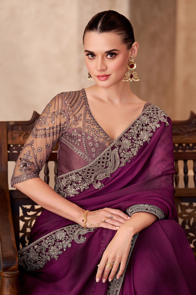 Pink Georgette Sequins Embroidered Function wear Saree RTI
