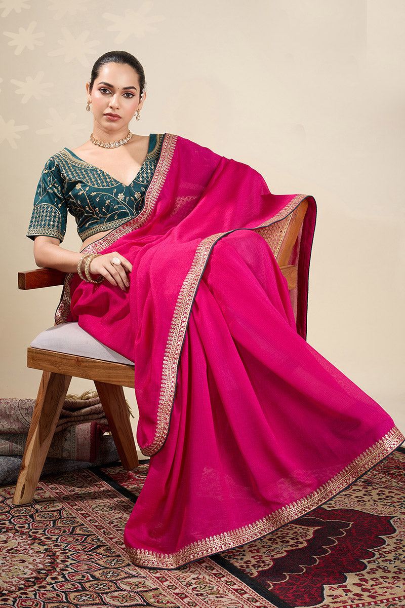 Traditional  Pink Saree with Golden Border – Wedding & Festive Wear RTI