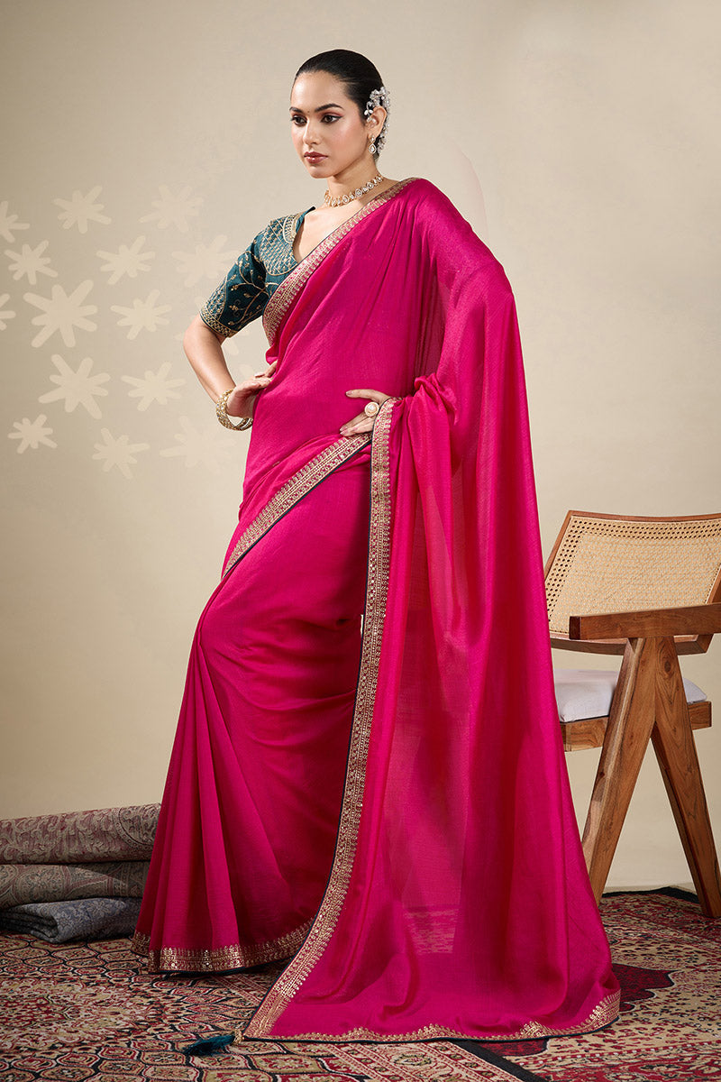 Traditional  Pink Saree with Golden Border – Wedding & Festive Wear RTI